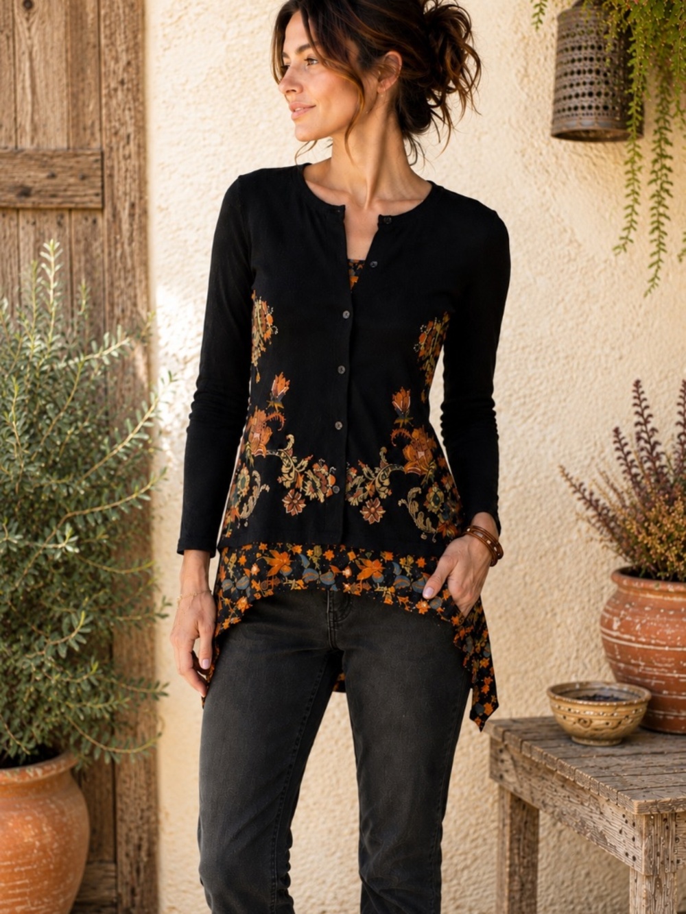 Desigual Black Layered High-Low Cardigan Floral Print Top‎ Size S